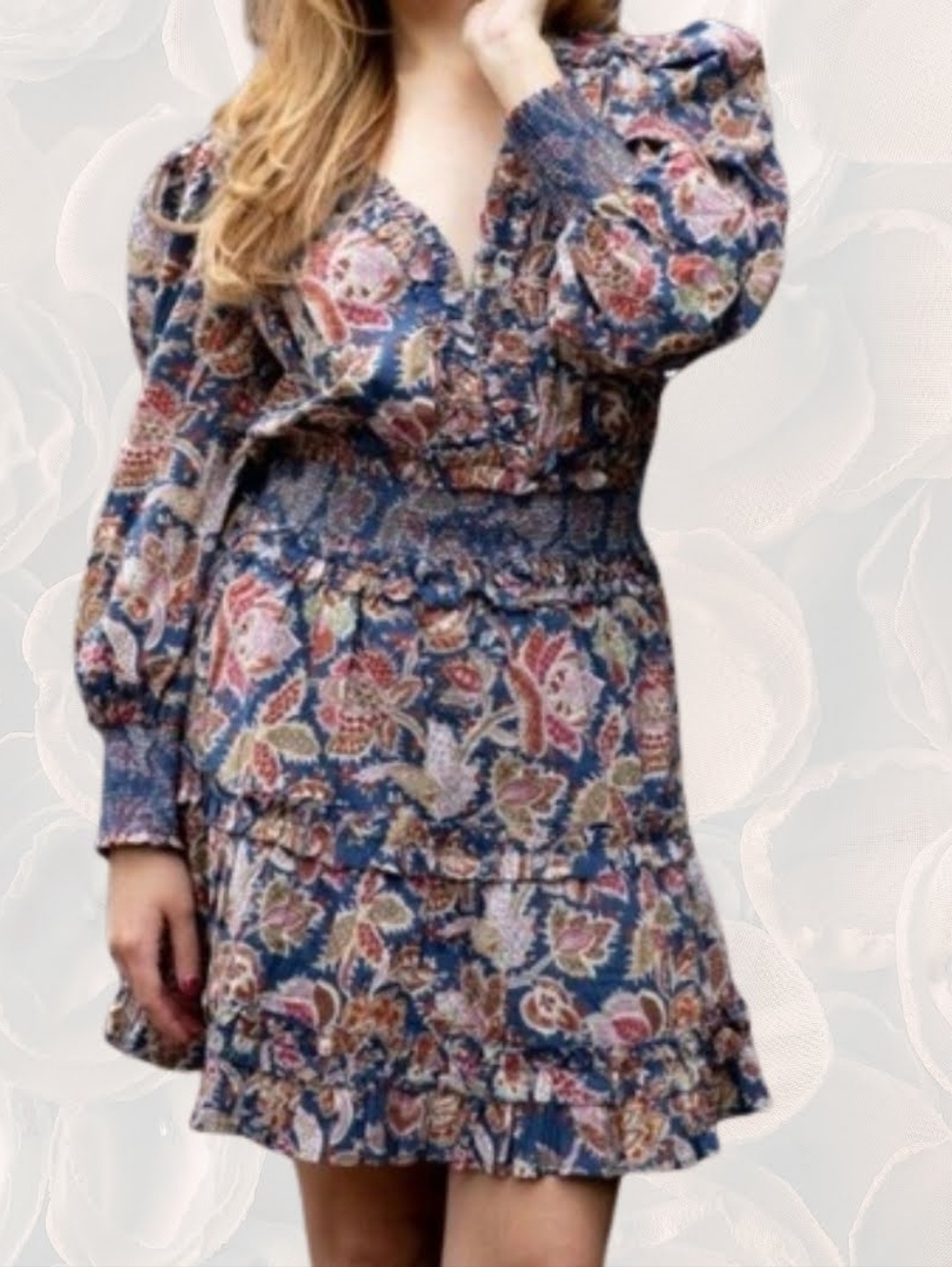 Love The Label Boho Floral Mini Dress Smocked Waist Ruffle Hem Festival S